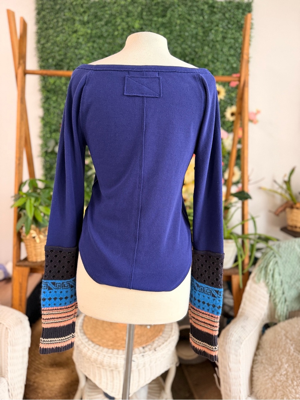 We The Free Deep Navy Long Sleeve Top with Patterned Sleeve Panels - Picture 3 of 4